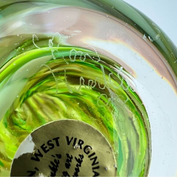 Ron Hinkle 8" Art Glass Paperweight Decor Green Swirl 2008 - Picture 9 of 11